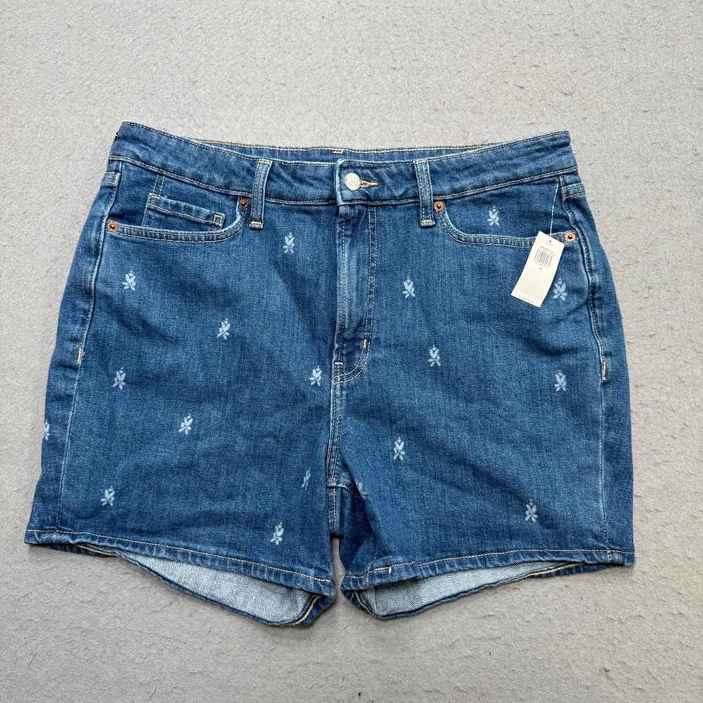 NEW Old Navy Shorts Women's 14 Blue Denim High Rise Straight Embroidered Floral